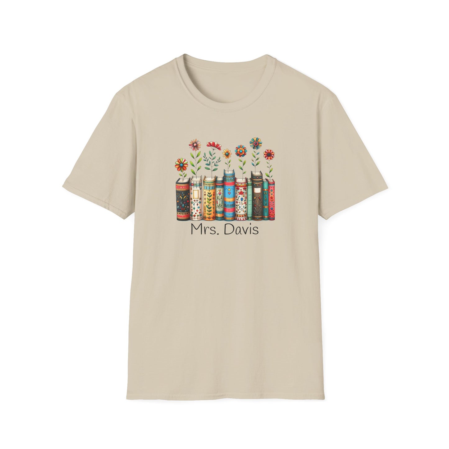 Personalized Floral Book Shirt – Custom Name Book Lover T-Shirt – Teacher & Librarian Gift – Book Stack with Flowers Tee