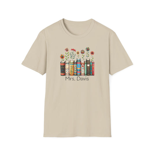 Personalized Floral Book Shirt – Custom Name Book Lover T-Shirt – Teacher & Librarian Gift – Book Stack with Flowers Tee