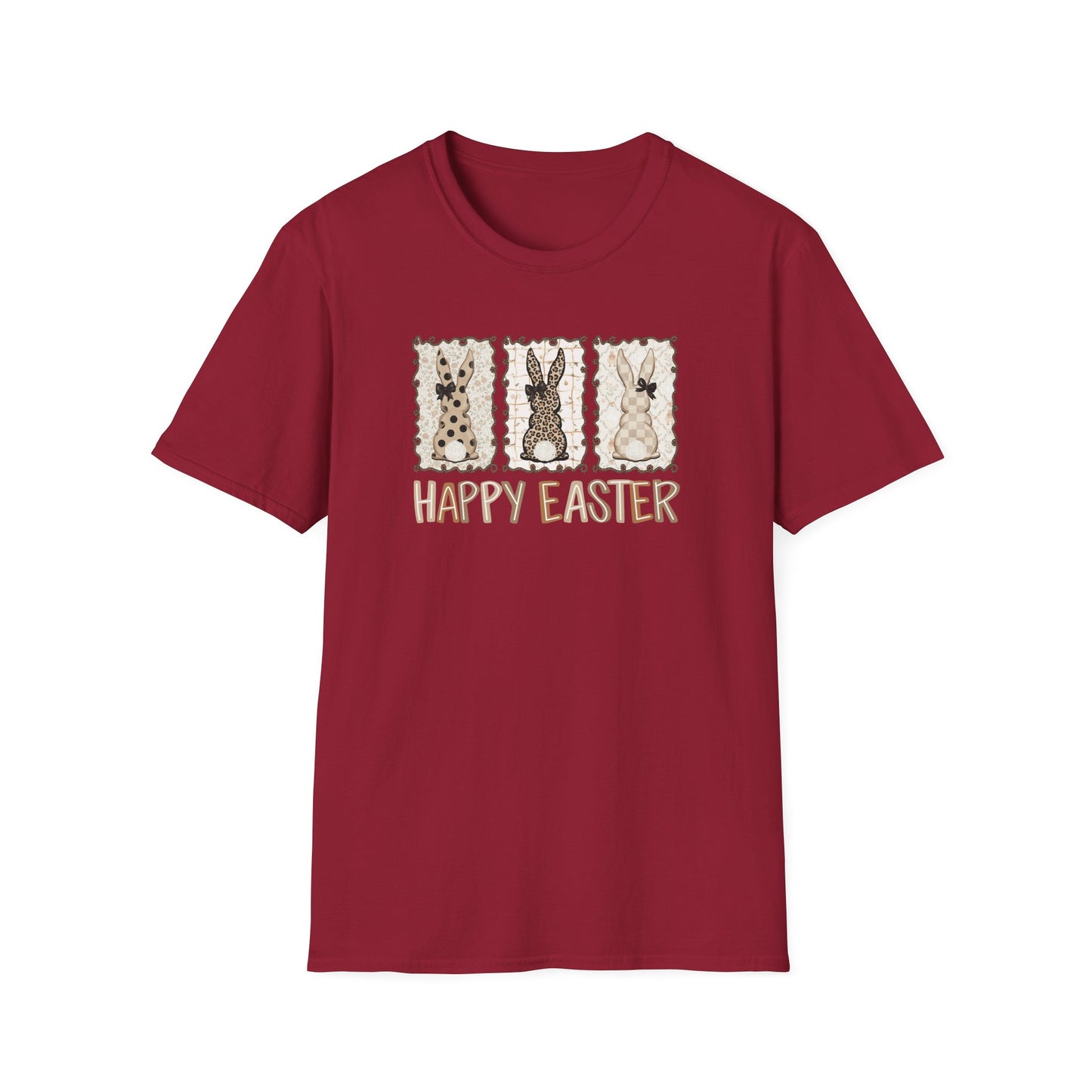 Neutral Happy Easter Bunny Shirt – Vintage Style Easter Graphic Tee, Leopard & Plaid Bunny T-Shirt, Minimalist Spring Holiday Shirt, Women’s Easter Outfit