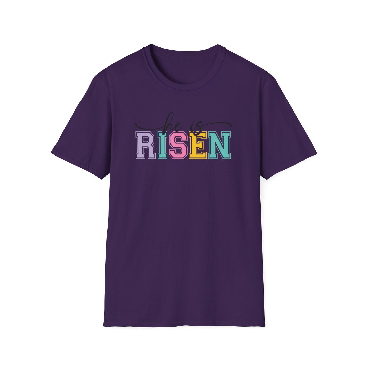 He Is Risen Christian Easter T-Shirt – Faith Based Front & Back Graphic Tee, Religious Resurrection Shirt, Pastel Easter Church Outfit for Women