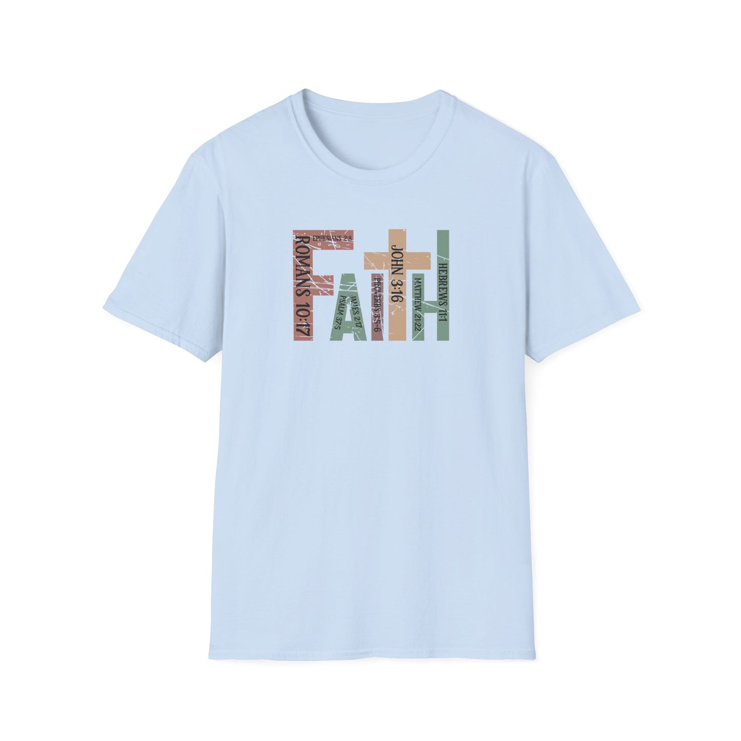 Faith Graphic T-Shirt — "Faith" with Cross & Bible Verse (Romans 10:17 / John 3:16)
