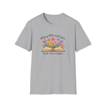 Helping Little Minds Grow Teacher Shirt | Teach Love Inspire Floral Book Tee
