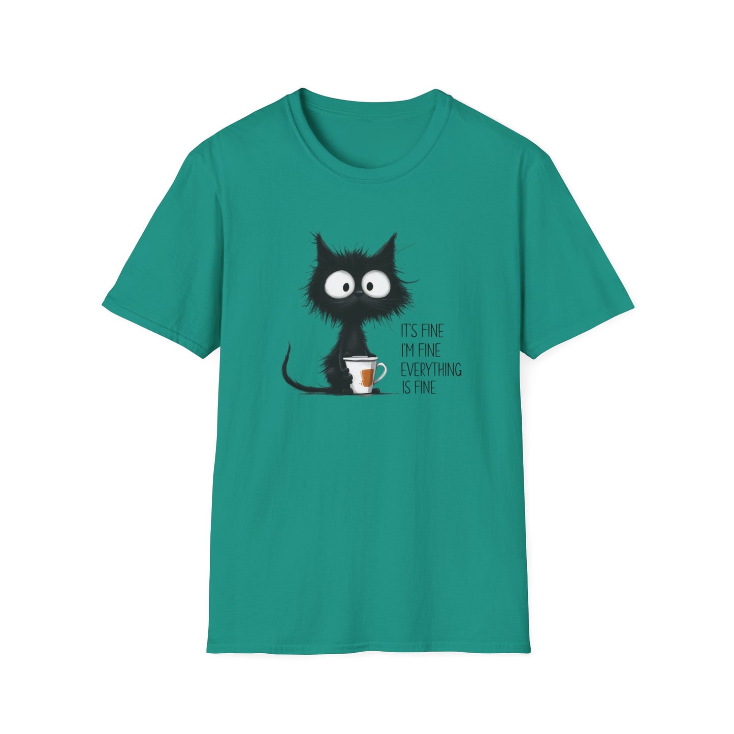 It’s Fine I’m Fine Everything Is Fine Cat Shirt – Funny Black Cat Coffee T-Shirt, Anxious Cat Graphic Tee, Relatable Humor Gift