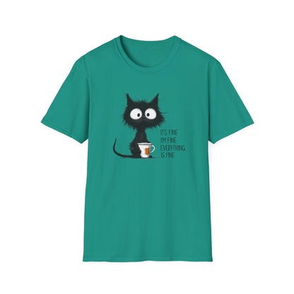 It’s Fine I’m Fine Everything Is Fine Cat Shirt – Funny Black Cat Coffee T-Shirt, Anxious Cat Graphic Tee, Relatable Humor Gift