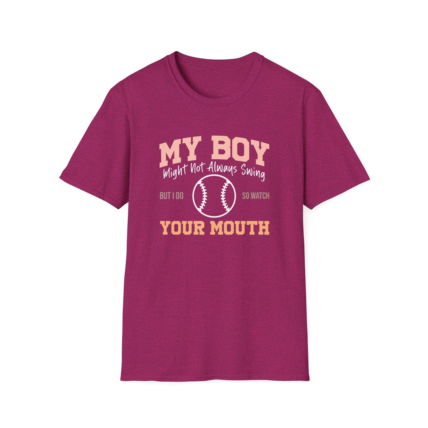 Funny Baseball Mom Shirt – “My Boy Might Not Always Swing” Graphic Tee | Sports Mom T-Shirt | Baseball Season Gift | Proud Boy Mom Tee