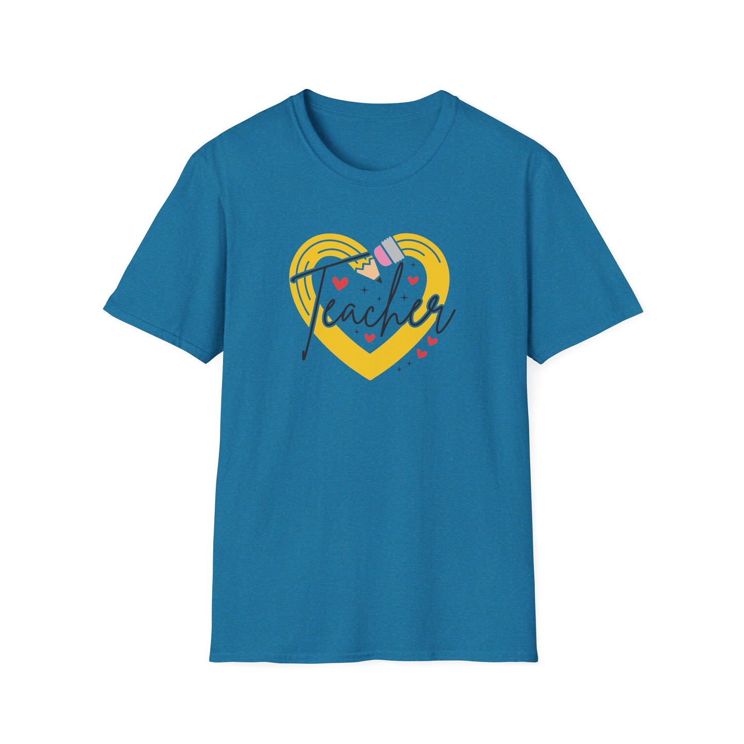 Teacher Heart Graphic T‑Shirt — Cute Yellow Heart, Pencil & 'Teacher' Script