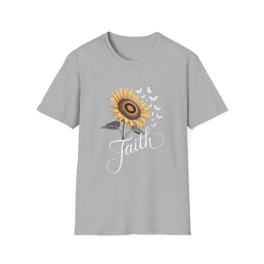 Faith Sunflower T-Shirt — Inspirational Floral Tee with Butterflies