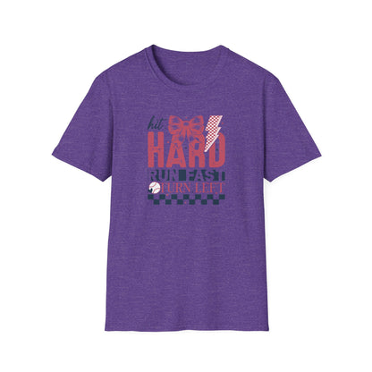 Hit Hard Run Fast Turn Left Baseball Shirt – Cute Softball Bow Tee | Game Day Shirt for Women | Sports Mom Graphic T-Shirt
