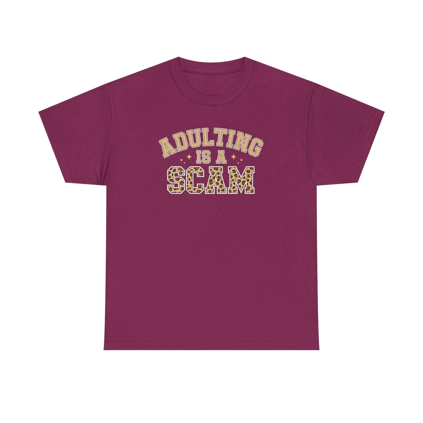 Adulting Is a Scam T-Shirt — Funny Retro Leopard Print Graphic Tee - Sarcastic Humor Shirt, Trendy Casual Tee