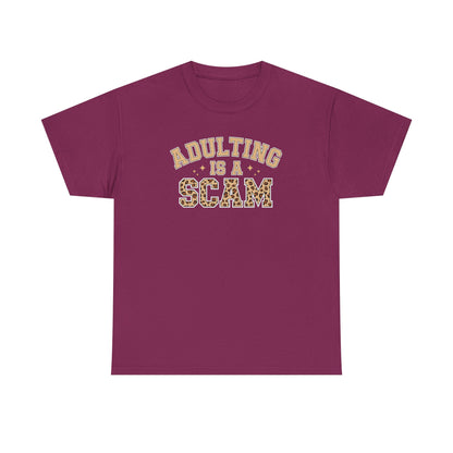 Adulting Is a Scam T-Shirt — Funny Retro Leopard Print Graphic Tee - Sarcastic Humor Shirt, Trendy Casual Tee