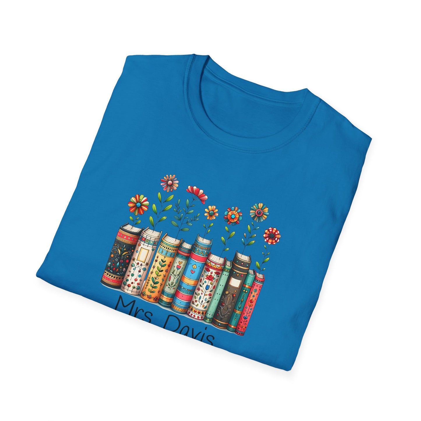 Personalized Floral Book Shirt – Custom Name Book Lover T-Shirt – Teacher & Librarian Gift – Book Stack with Flowers Tee