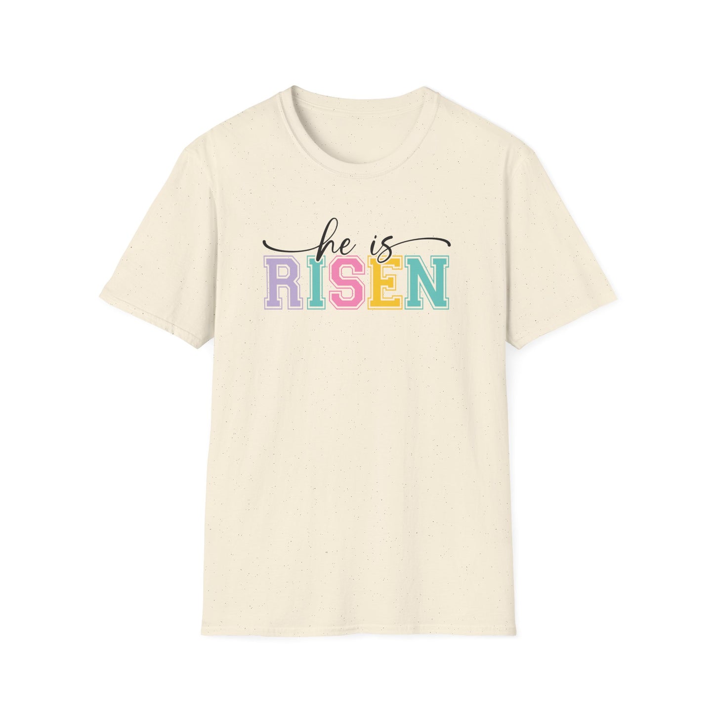 He Is Risen Christian Easter T-Shirt – Faith Based Front & Back Graphic Tee, Religious Resurrection Shirt, Pastel Easter Church Outfit for Women