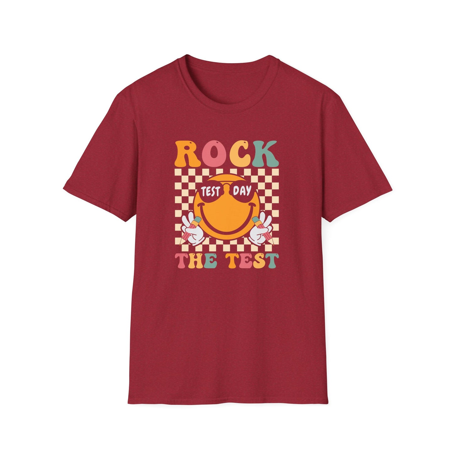 Rock The Test T-Shirt — Retro Smiley Motivation Tee for Students & Teachers
