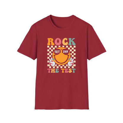 Rock The Test T-Shirt — Retro Smiley Motivation Tee for Students & Teachers