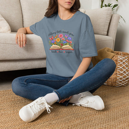 Helping Little Minds Grow Teacher Shirt | Teach Love Inspire Floral Book Tee