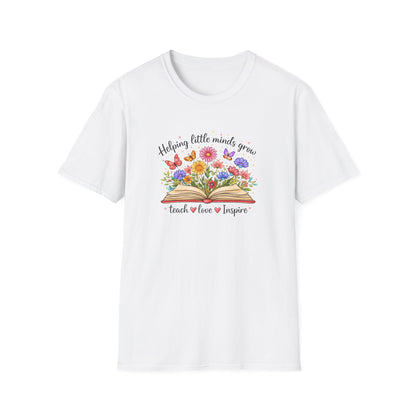 Helping Little Minds Grow Teacher Shirt | Teach Love Inspire Floral Book Tee
