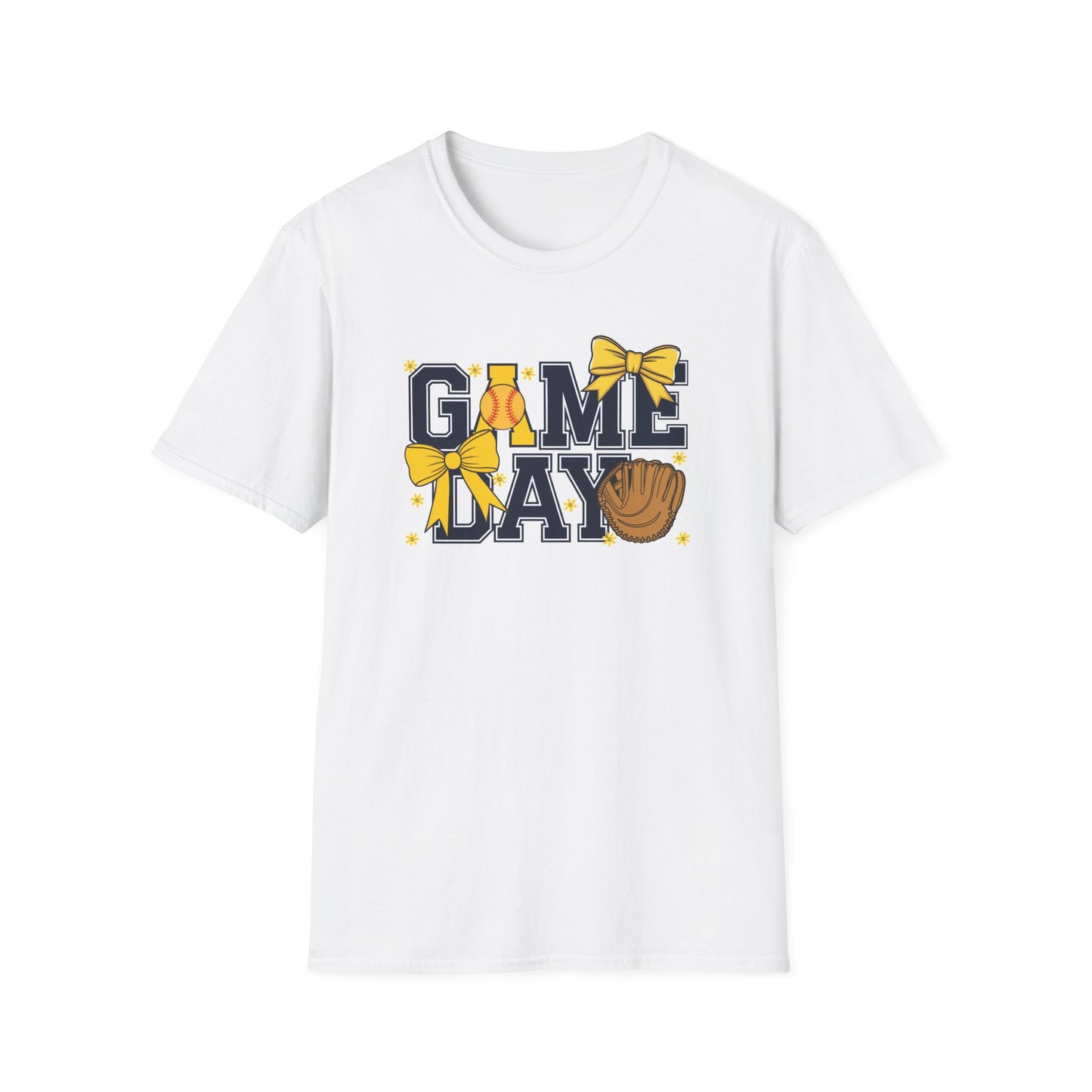 Game Day Softball Bow Shirt – Cute Baseball Mom Tee, Yellow Bow Sports Graphic T-Shirt, Women’s Game Day Outfit, Softball Fan Apparel