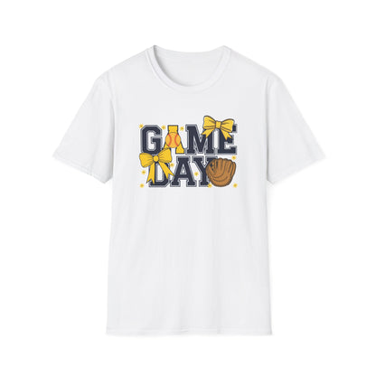 Game Day Softball Bow Shirt – Cute Baseball Mom Tee, Yellow Bow Sports Graphic T-Shirt, Women’s Game Day Outfit, Softball Fan Apparel