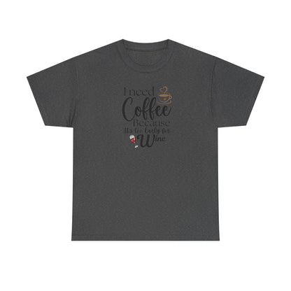 Funny Coffee Lover T-Shirt – “I Need Coffee Because It’s Too Early for Wine” – Cute Caffeine Quote Tee for Women