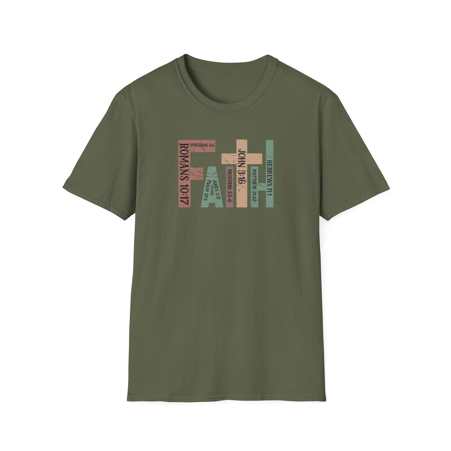 Faith Graphic T-Shirt — "Faith" with Cross & Bible Verse (Romans 10:17 / John 3:16)