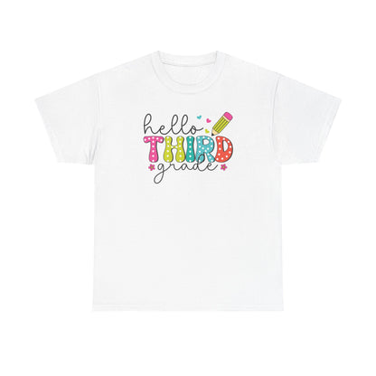 Hello Third Grade T-Shirt - Cute Back-to-School Tee with Colorful Pencil Design - Teacher Team Tee