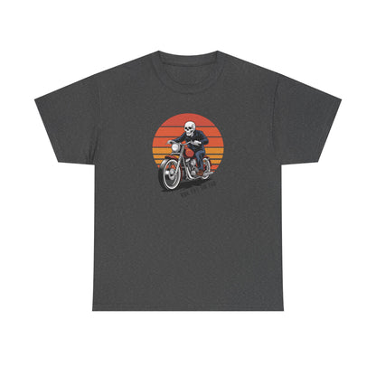 Motorcycle Rider Tee — Retro Sunset Biker Graphic "Ride Fast, Live Free" - Skeleton Biker T-Shirt