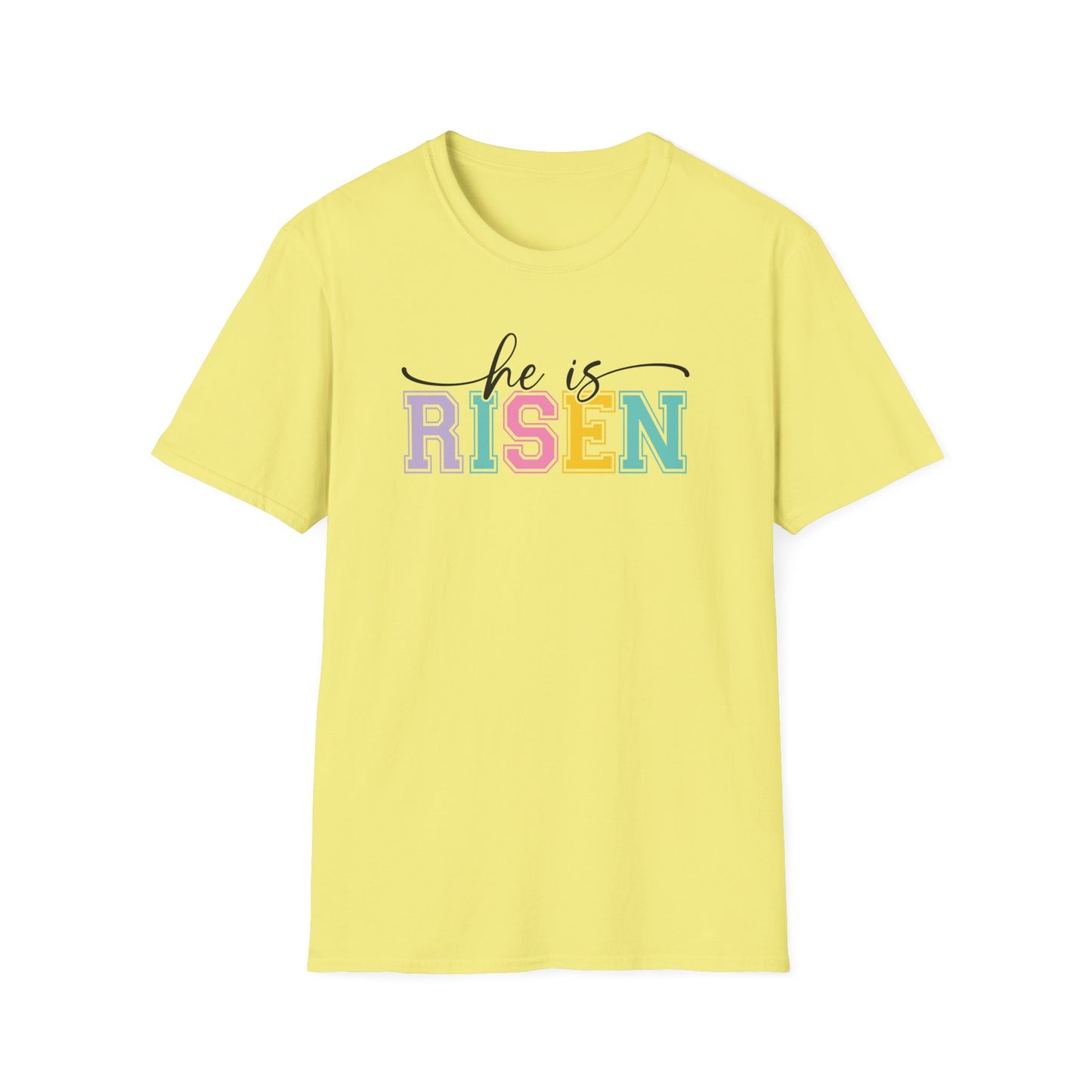 He Is Risen Christian Easter T-Shirt – Faith Based Front & Back Graphic Tee, Religious Resurrection Shirt, Pastel Easter Church Outfit for Women