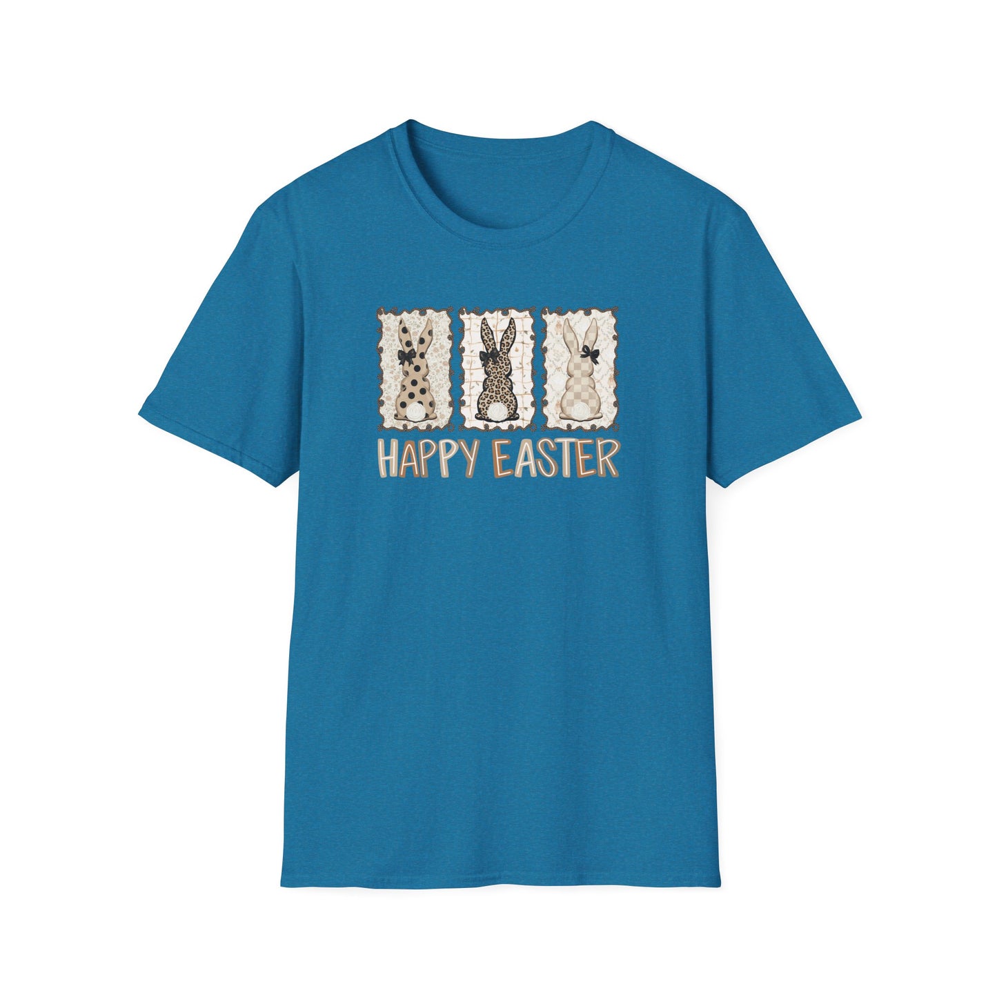 Neutral Happy Easter Bunny Shirt – Vintage Style Easter Graphic Tee, Leopard & Plaid Bunny T-Shirt, Minimalist Spring Holiday Shirt, Women’s Easter Outfit