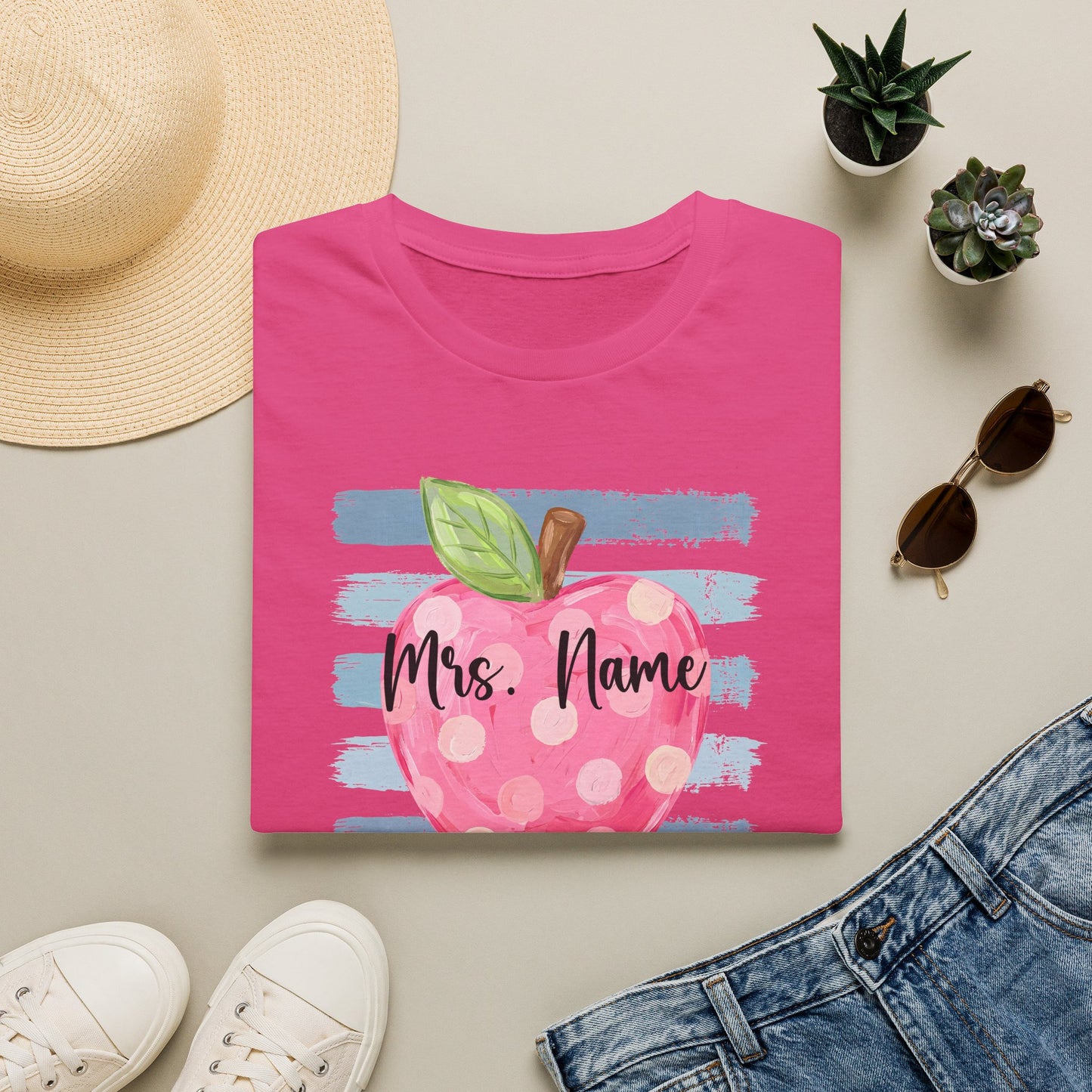 Personalized Teacher Apple Shirt | Custom Teacher Name or Grade Level T-Shirt | Back to School Teacher Tee | Cute Pink Apple Graphic Tee