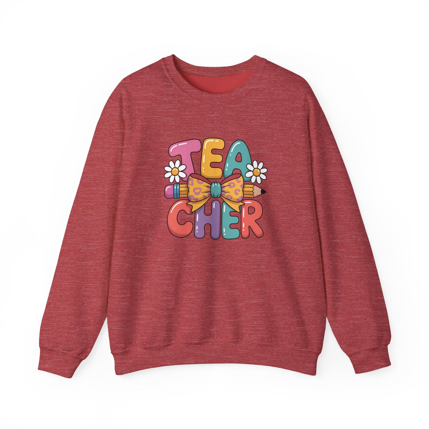Teacher Crewneck Sweatshirt — Colorful Retro 'Teacher' Bow & Daisies Design