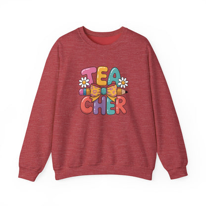 Teacher Crewneck Sweatshirt — Colorful Retro 'Teacher' Bow & Daisies Design