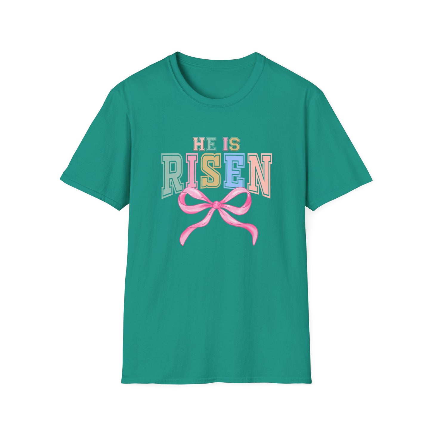 He Is Risen Easter Shirt, Christian Easter Bow Tee, Faith Based Easter Shirt Women, Religious Easter Outfit, Coquette Pastel Christian Graphic T-Shirt