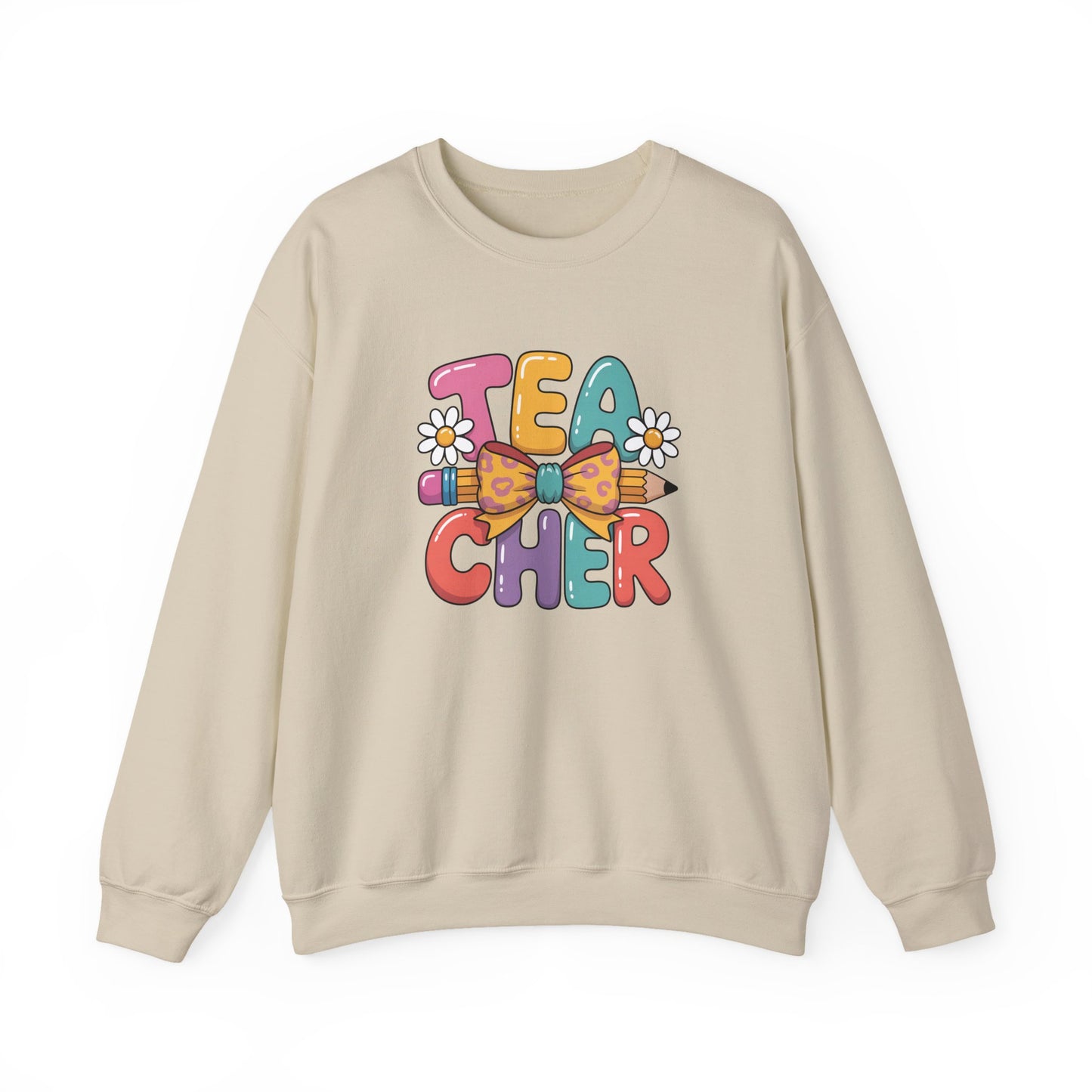 Teacher Crewneck Sweatshirt — Colorful Retro 'Teacher' Bow & Daisies Design