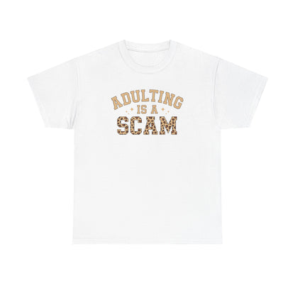 Adulting Is a Scam T-Shirt — Funny Retro Leopard Print Graphic Tee - Sarcastic Humor Shirt, Trendy Casual Tee