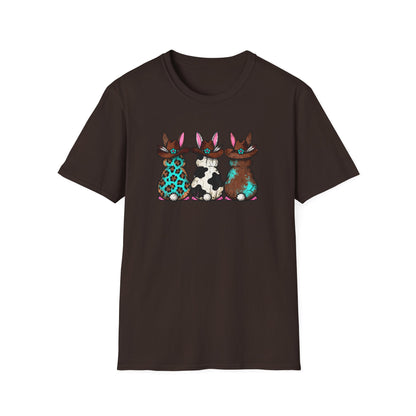 Western Easter Bunny T-Shirt – Cowgirl Bunny Graphic Tee, Rustic Cow Print & Leopard Bunny Shirt, Country Easter Shirt, Farmhouse Spring Tee