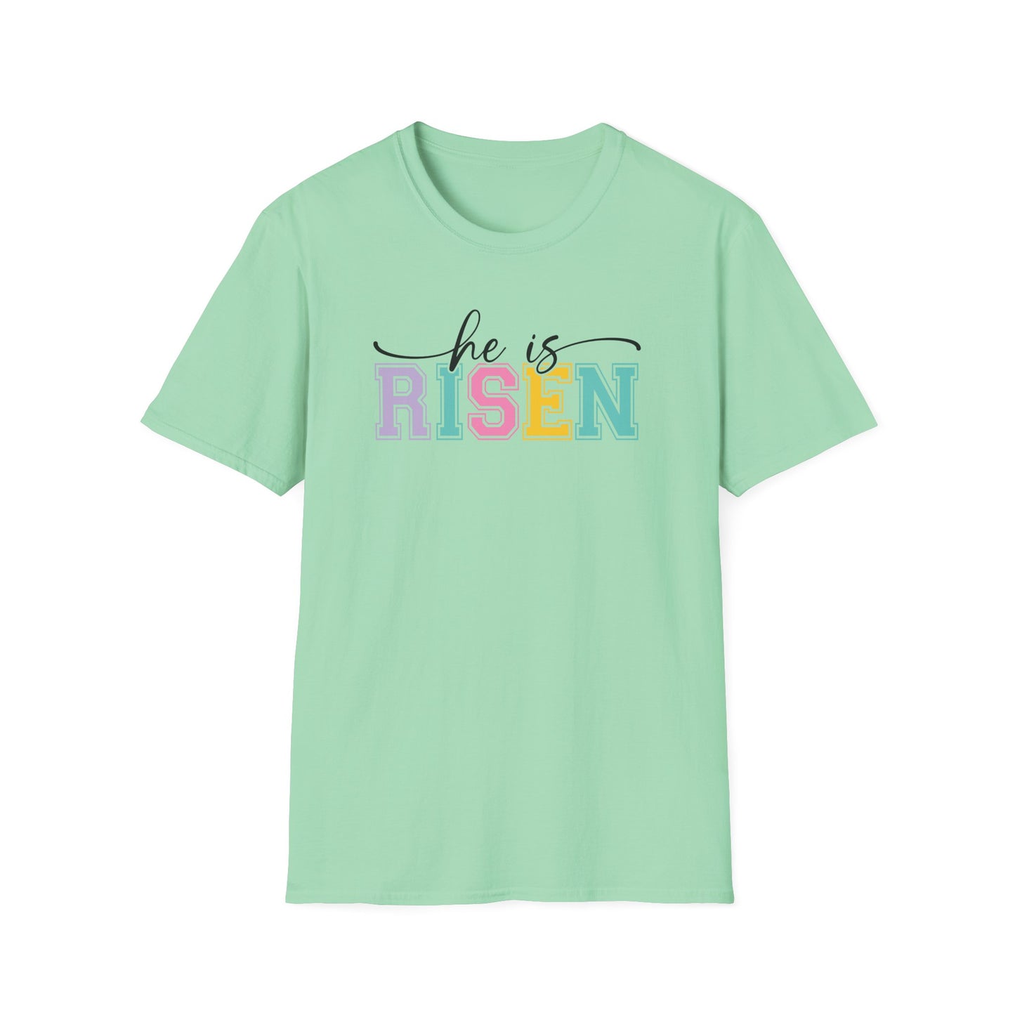 He Is Risen Christian Easter T-Shirt – Faith Based Front & Back Graphic Tee, Religious Resurrection Shirt, Pastel Easter Church Outfit for Women