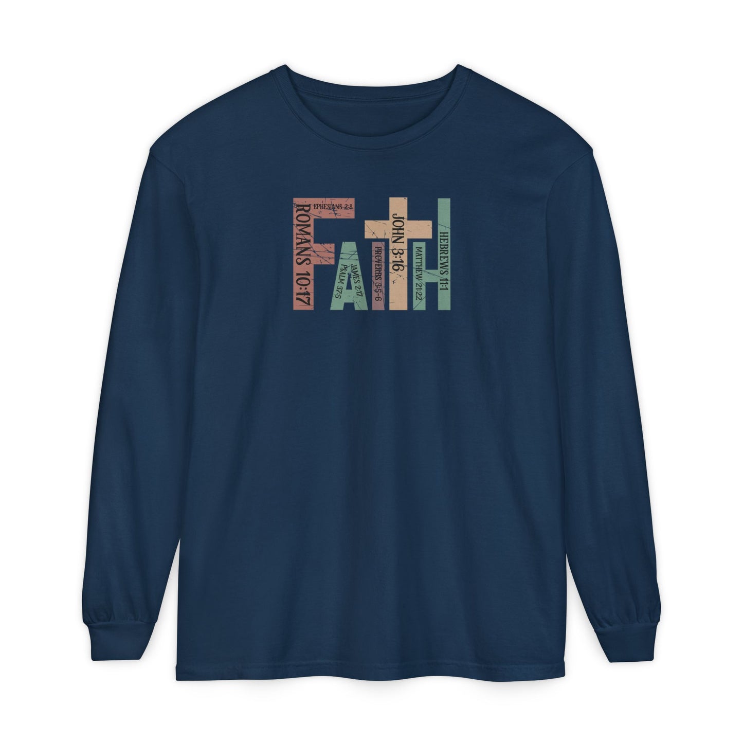 Faith Cross Long Sleeve Tee — Christian Scripture Romans 10:17 Shirt