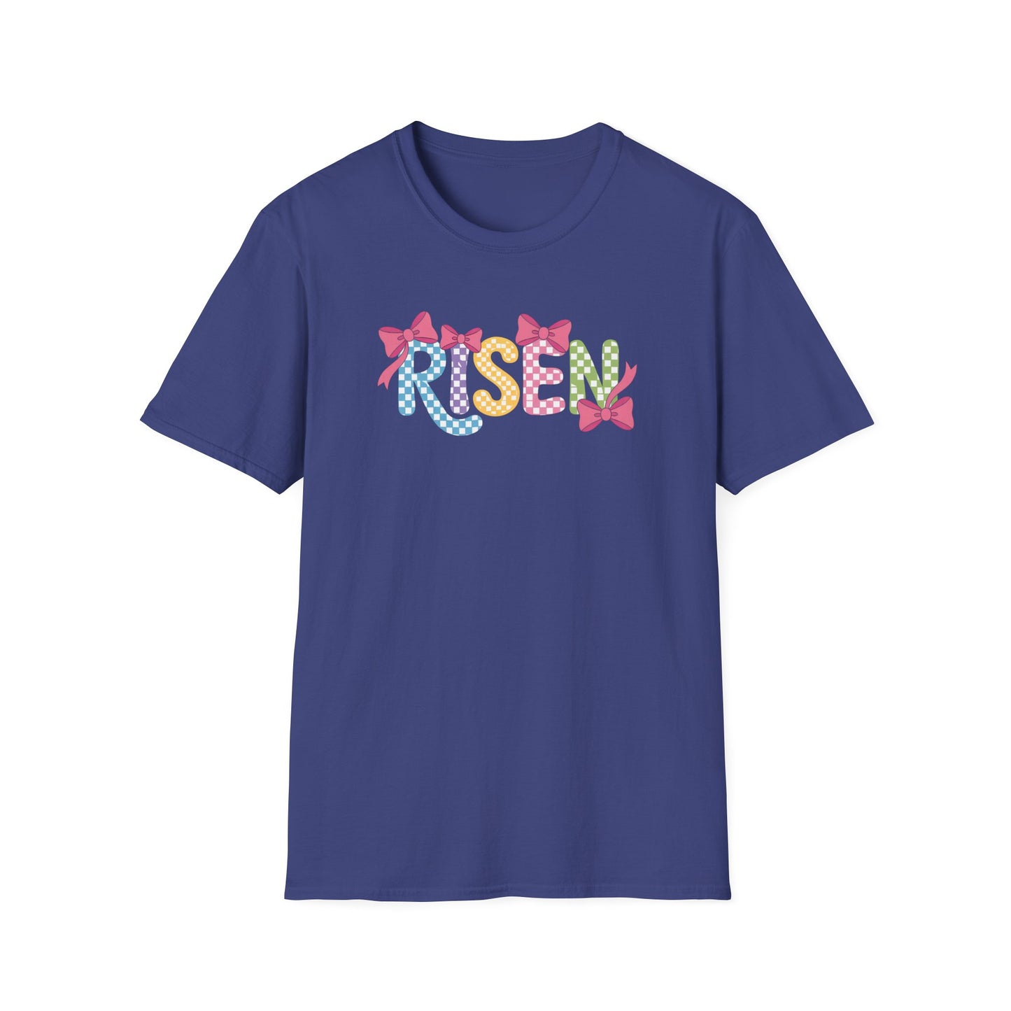 Risen Easter Shirt, Christian Easter Bunny Bow Tee, Faith Based Easter Shirt, Pastel Coquette Spring Graphic T-Shirt, Religious Easter Outfit for Women
