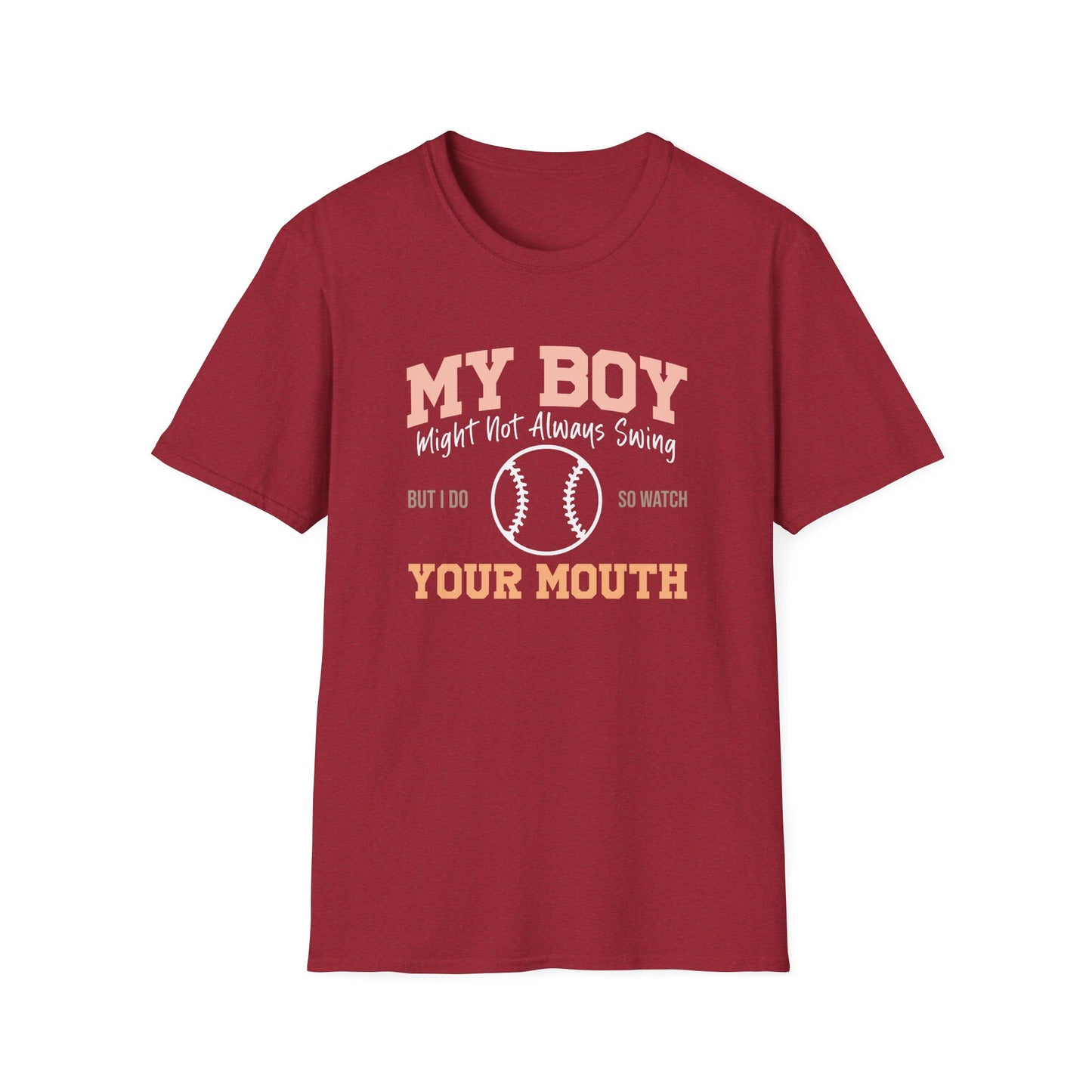 Funny Baseball Mom Shirt – “My Boy Might Not Always Swing” Graphic Tee | Sports Mom T-Shirt | Baseball Season Gift | Proud Boy Mom Tee
