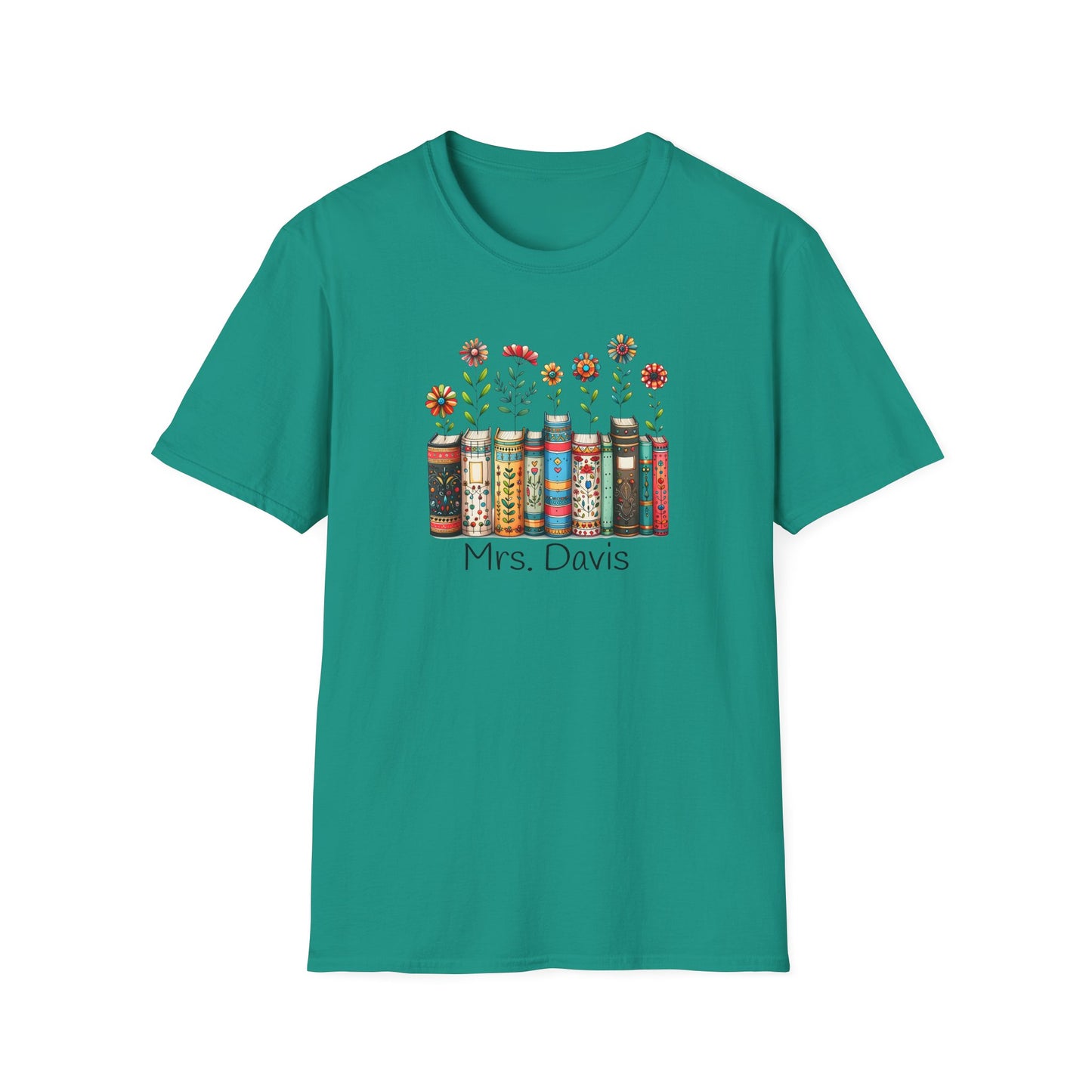 Personalized Floral Book Shirt – Custom Name Book Lover T-Shirt – Teacher & Librarian Gift – Book Stack with Flowers Tee