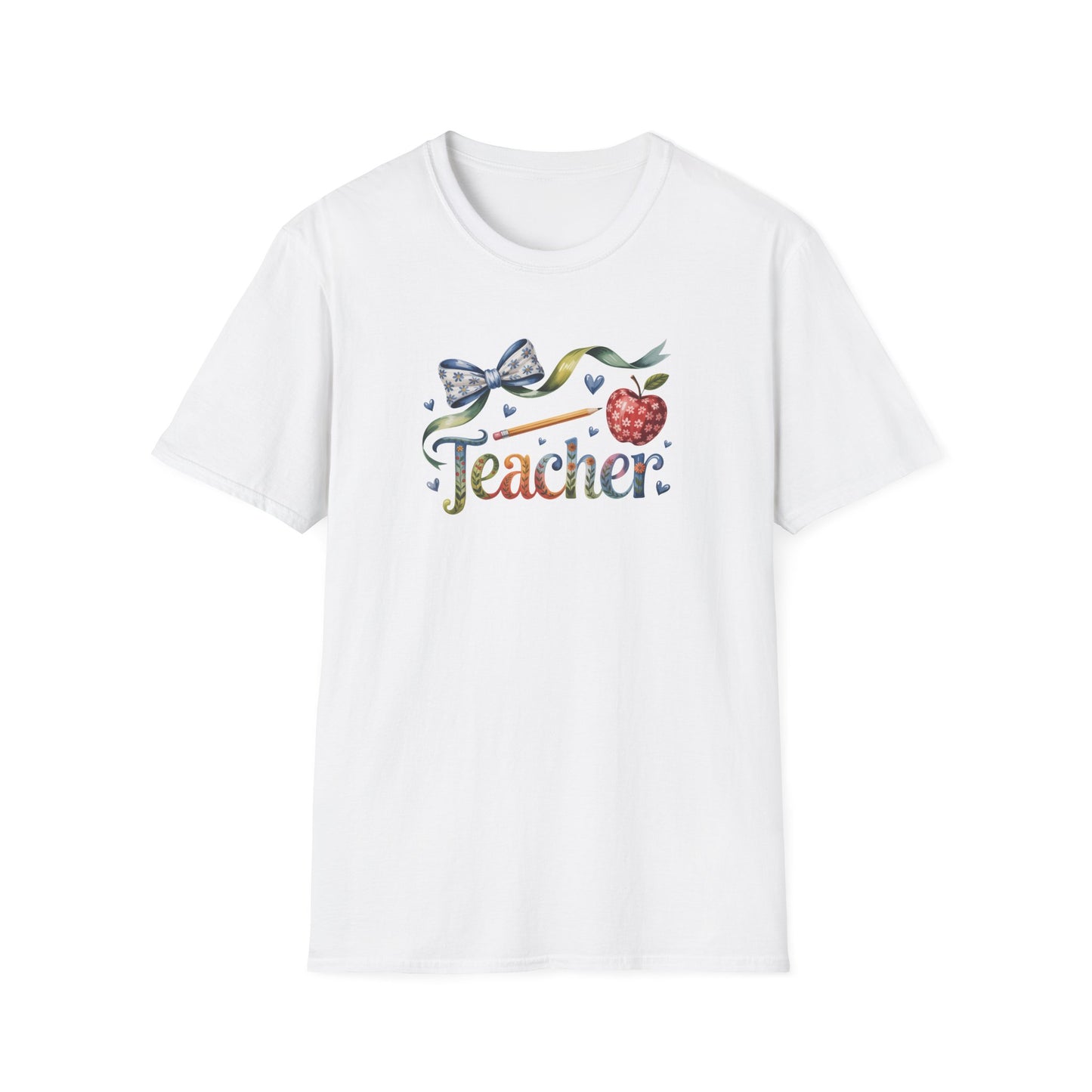 Teacher Floral Bow T-Shirt — Cute Apple & Script Teacher Shirt for Educators