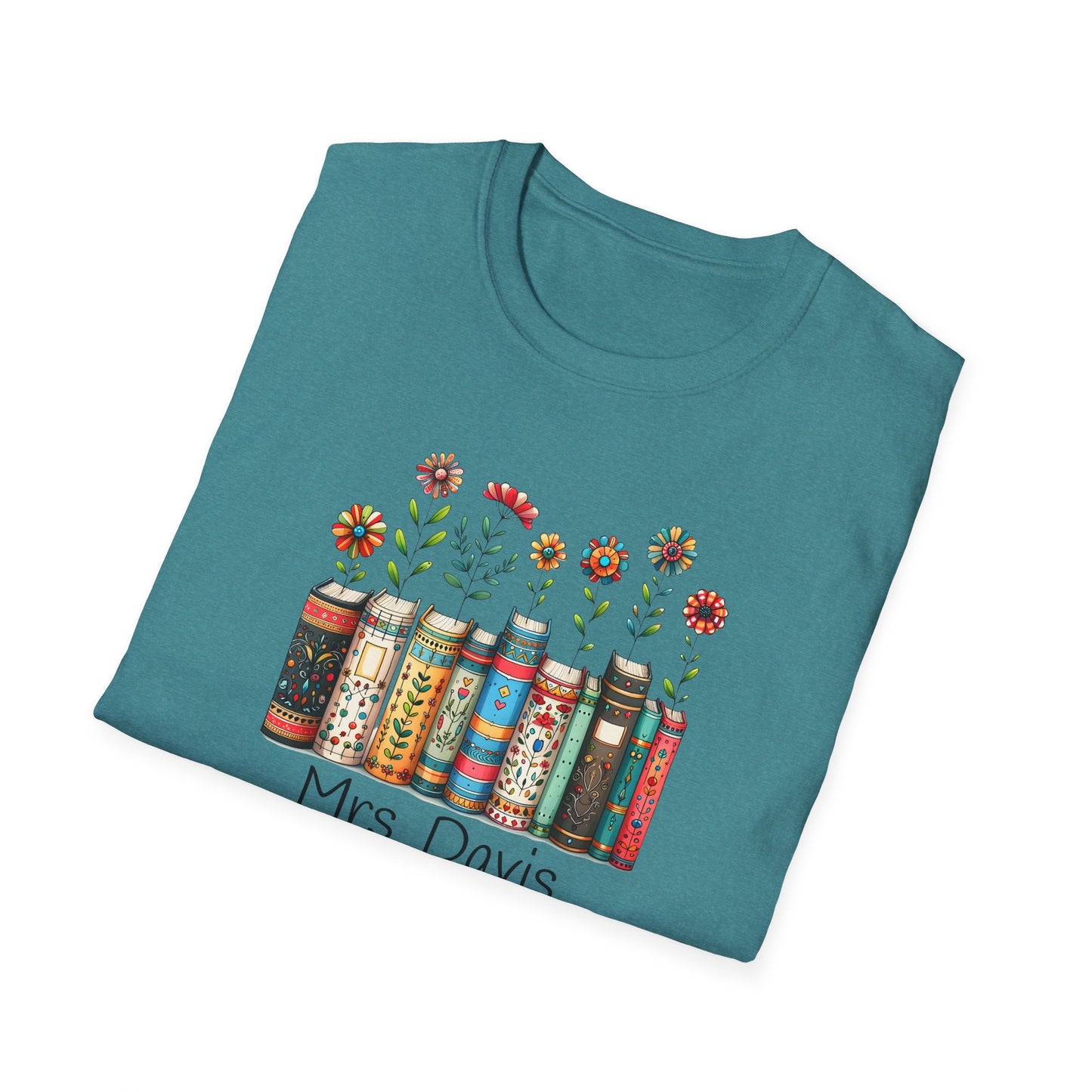 Personalized Floral Book Shirt – Custom Name Book Lover T-Shirt – Teacher & Librarian Gift – Book Stack with Flowers Tee
