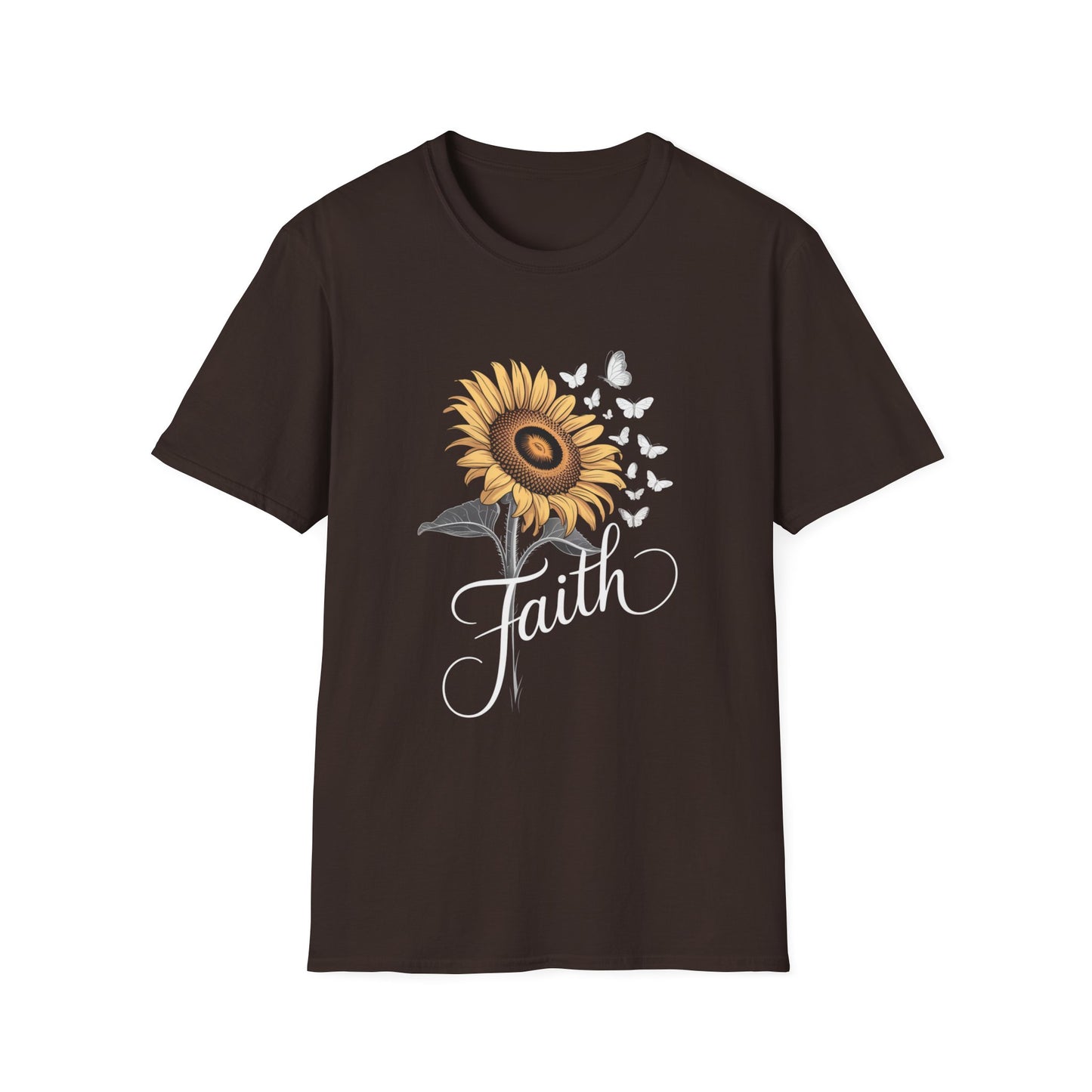 Faith Sunflower T-Shirt — Inspirational Floral Tee with Butterflies
