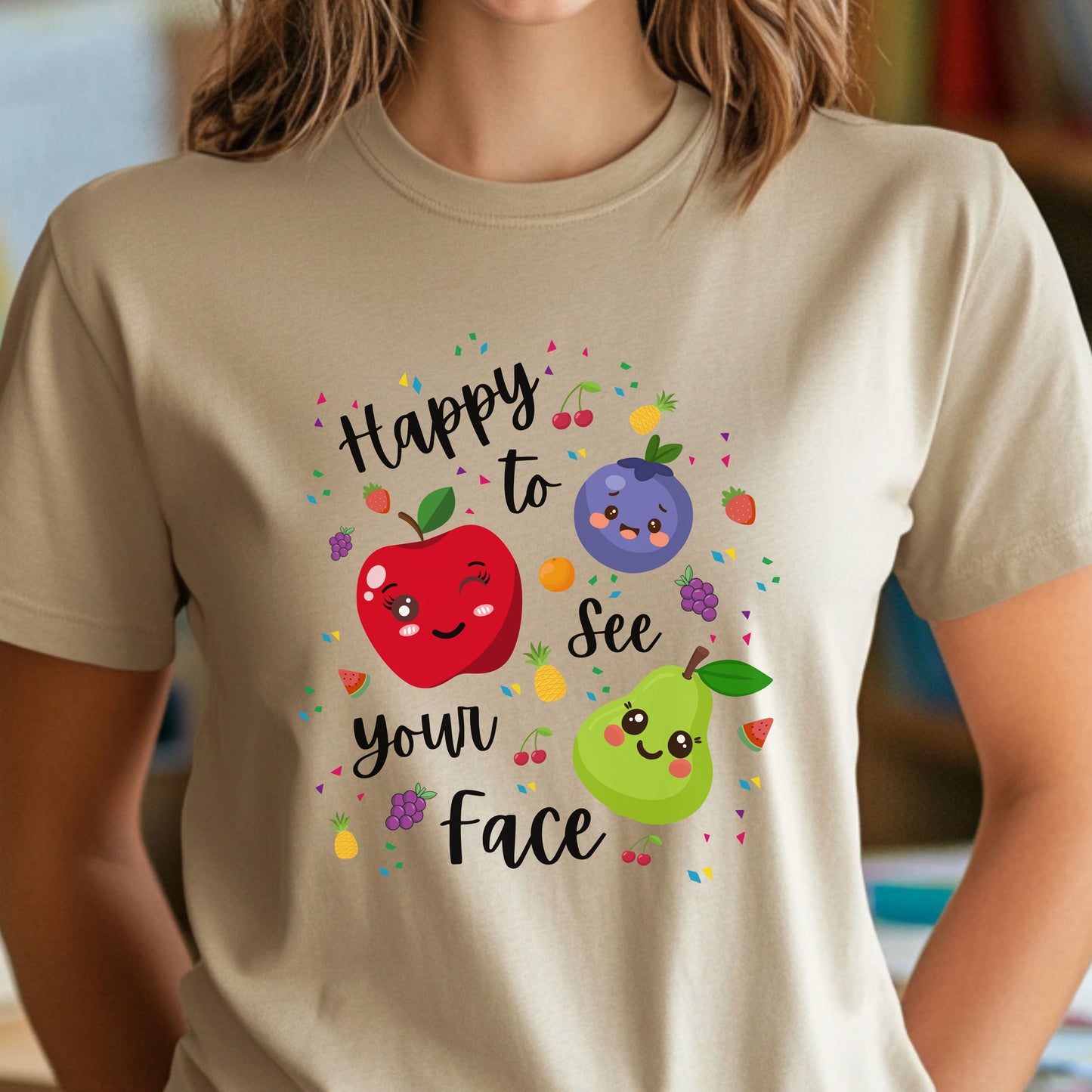Cute Kawaii Fruit Shirt – Smiling Apple Pear Blueberry Tee
