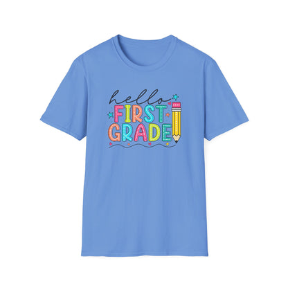 Hello First Grade Pencil T-Shirt — Colorful Back-to-School Cute School Spirit Tee