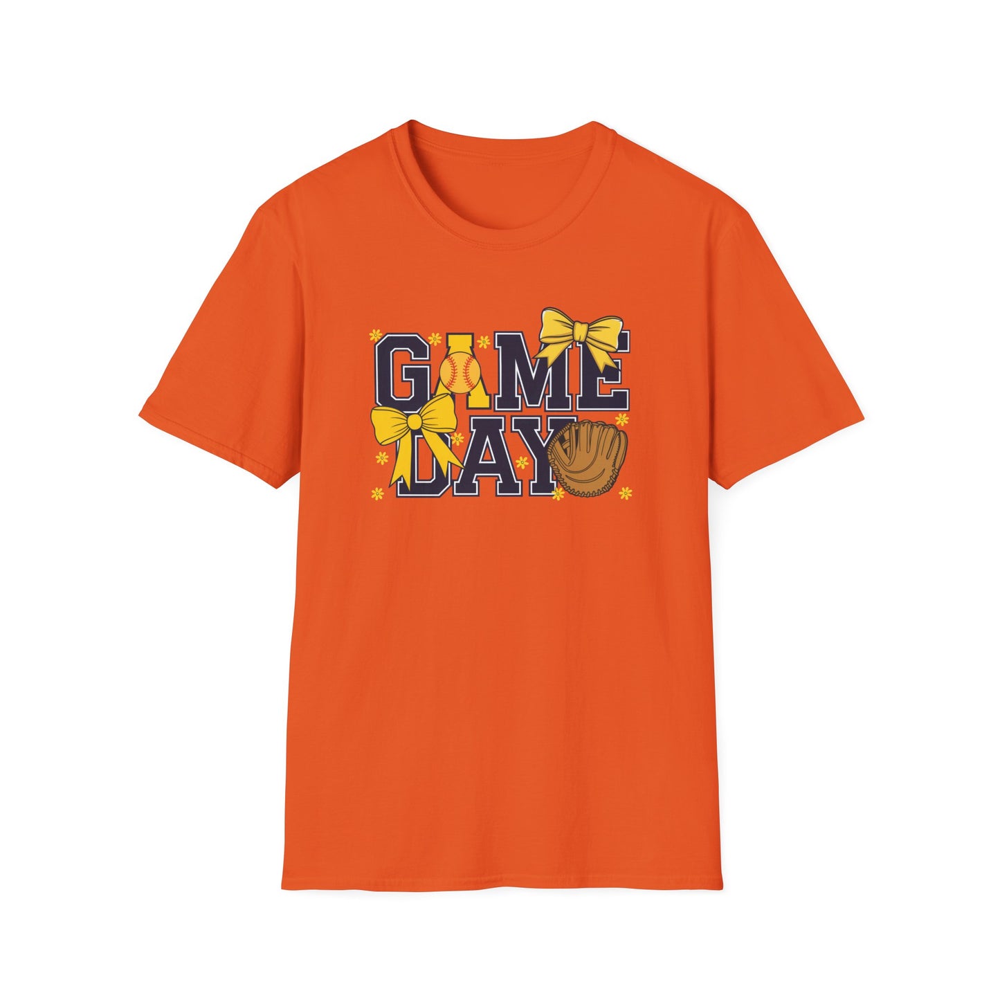 Game Day Softball Bow Shirt – Cute Baseball Mom Tee, Yellow Bow Sports Graphic T-Shirt, Women’s Game Day Outfit, Softball Fan Apparel