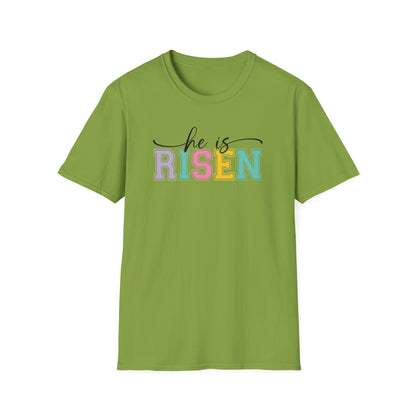 He Is Risen Christian Easter T-Shirt – Faith Based Front & Back Graphic Tee, Religious Resurrection Shirt, Pastel Easter Church Outfit for Women