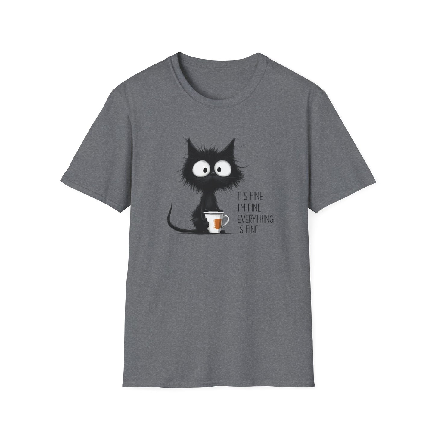 It’s Fine I’m Fine Everything Is Fine Cat Shirt – Funny Black Cat Coffee T-Shirt, Anxious Cat Graphic Tee, Relatable Humor Gift