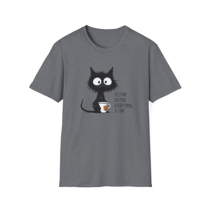 It’s Fine I’m Fine Everything Is Fine Cat Shirt – Funny Black Cat Coffee T-Shirt, Anxious Cat Graphic Tee, Relatable Humor Gift