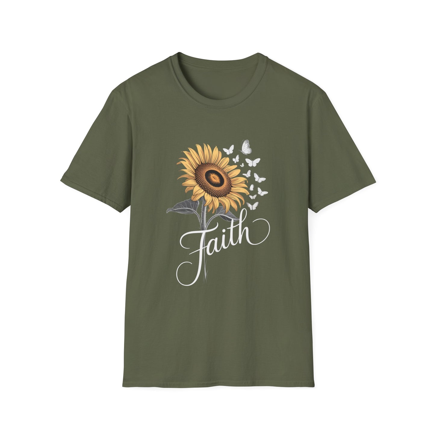 Faith Sunflower T-Shirt — Inspirational Floral Tee with Butterflies